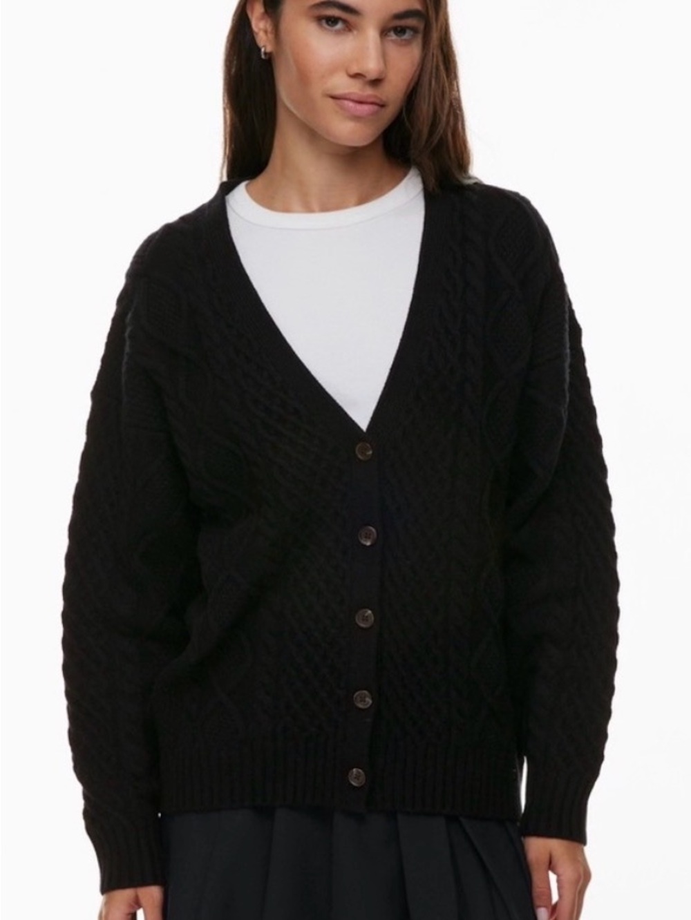 Sunday Best - “The Peggy” - Cable-knit v-neck button cardigan - size L, black